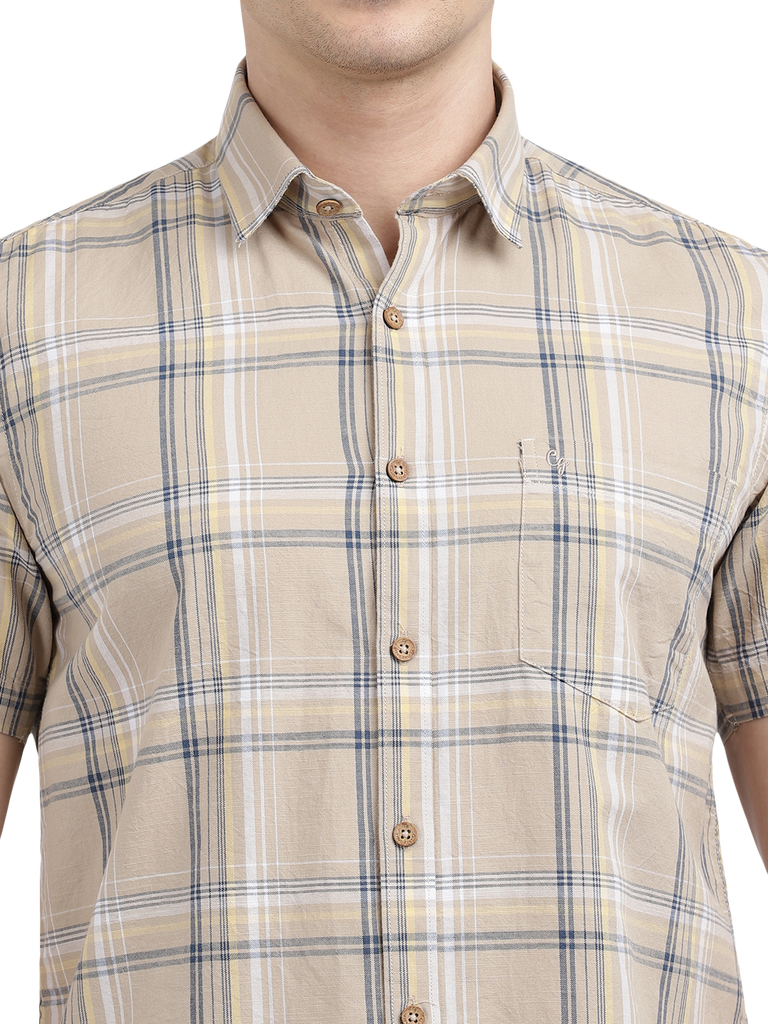 Model wearing Clarke Gable's Beige Checked Casual Shirt in a casual setting