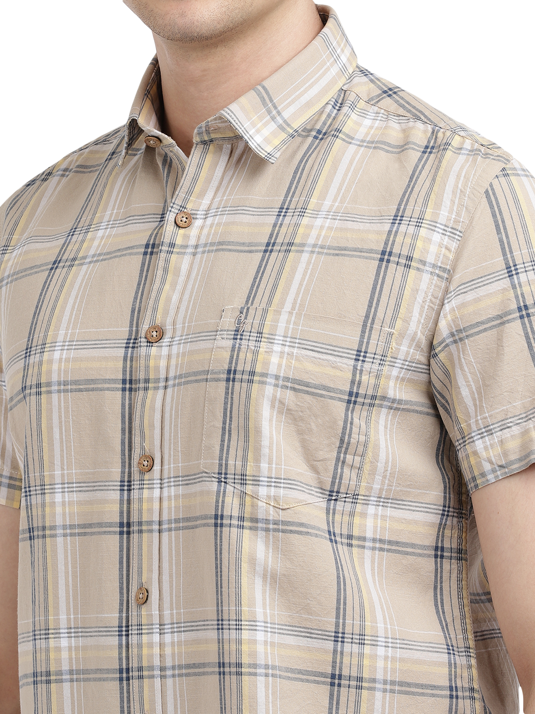 Model wearing Clarke Gable's Beige Checked Casual Shirt in a casual setting