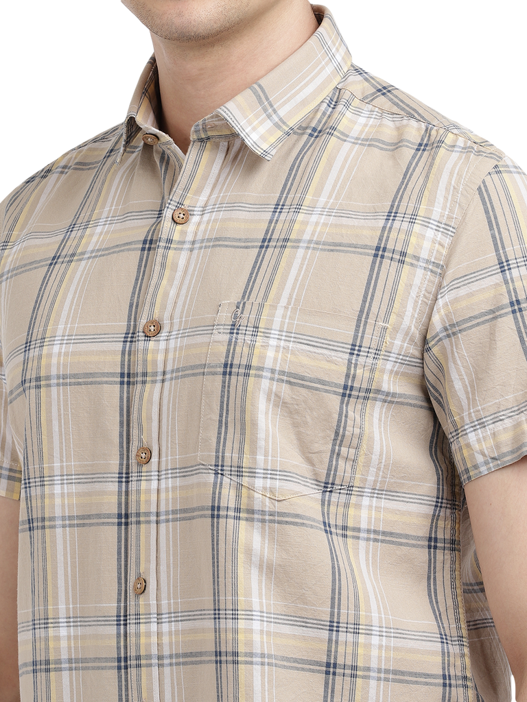 Model wearing Clarke Gable's Beige Checked Casual Shirt in a casual setting