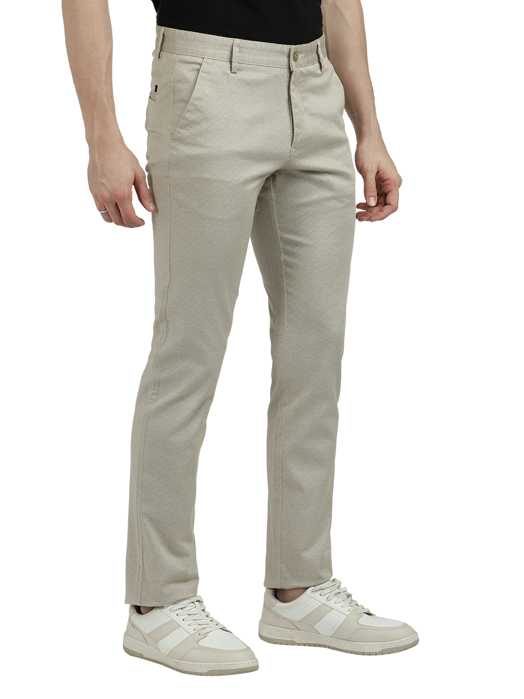 Model wearing Clarke Gable's Beige Custom Fit Trousers in a casual setting