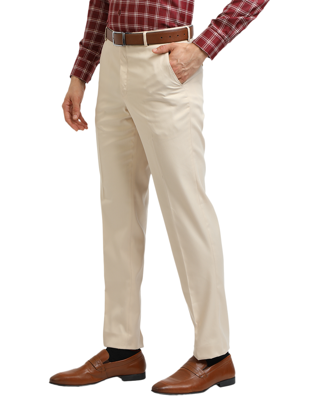 Model wearing Clarke Gable's Beige Sharp Fit Trousers in a casual setting
