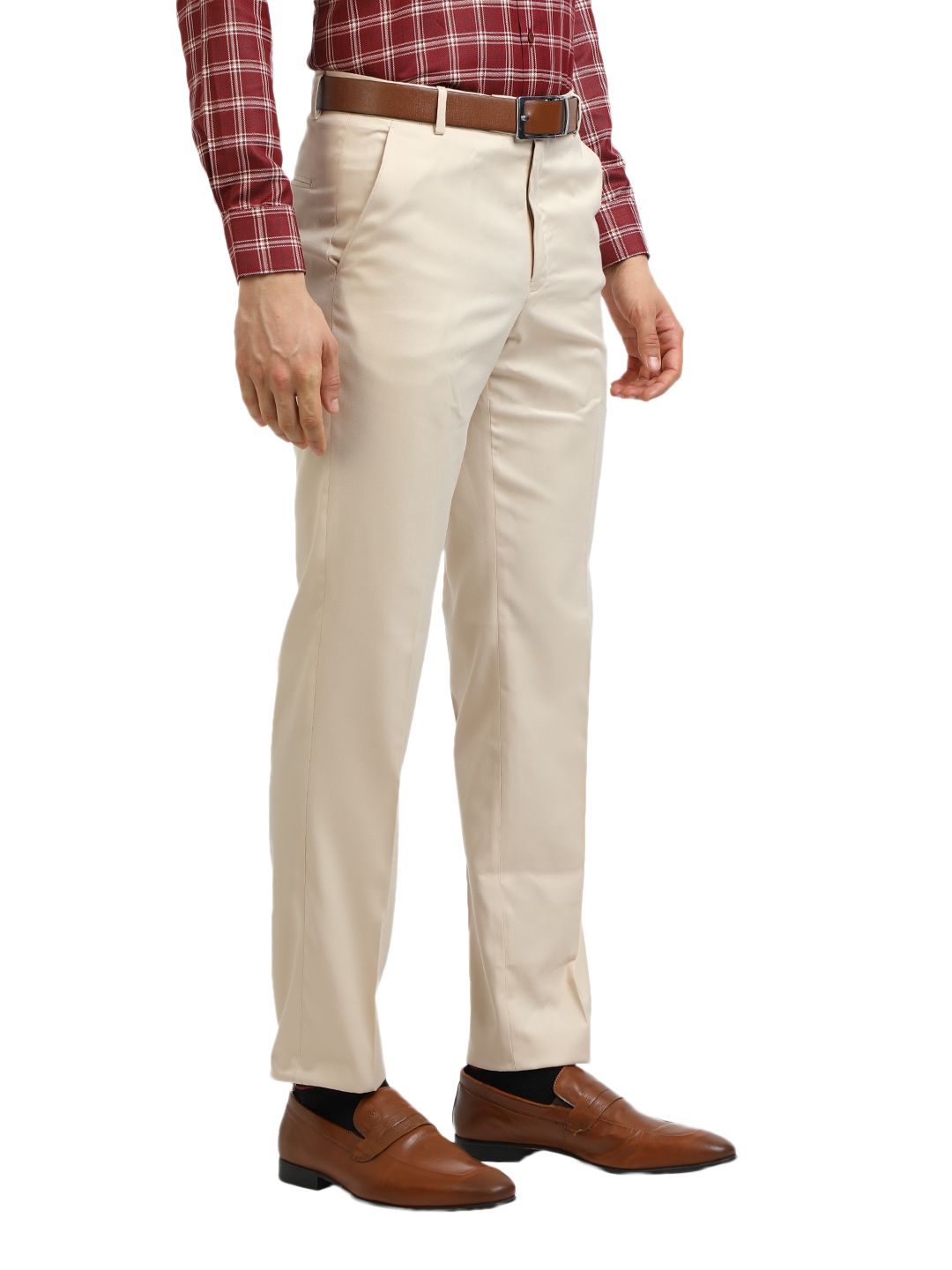 Model wearing Clarke Gable's Beige Sharp Fit Trousers in a casual setting