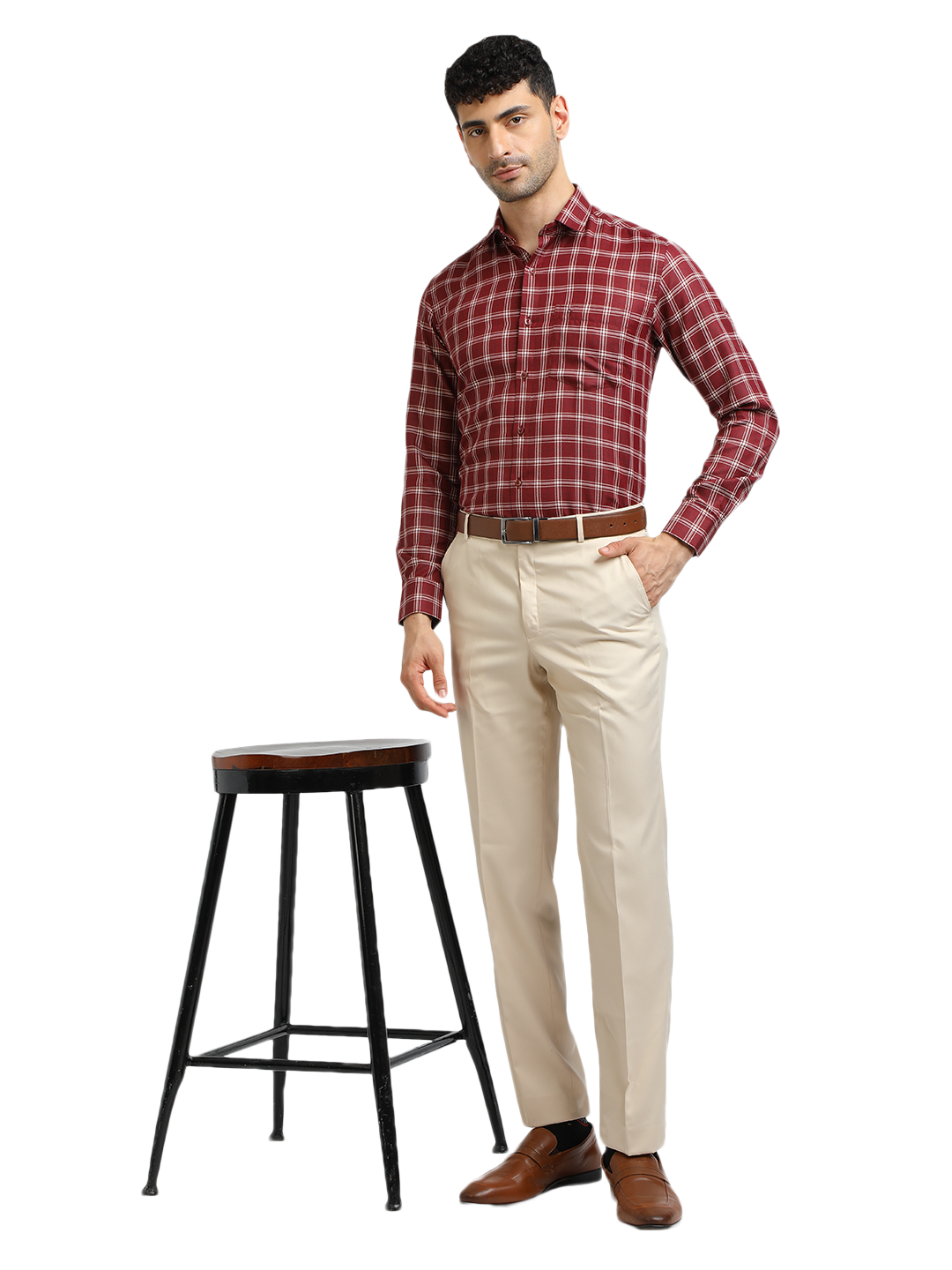 Model wearing Clarke Gable's Beige Sharp Fit Trousers in a casual setting