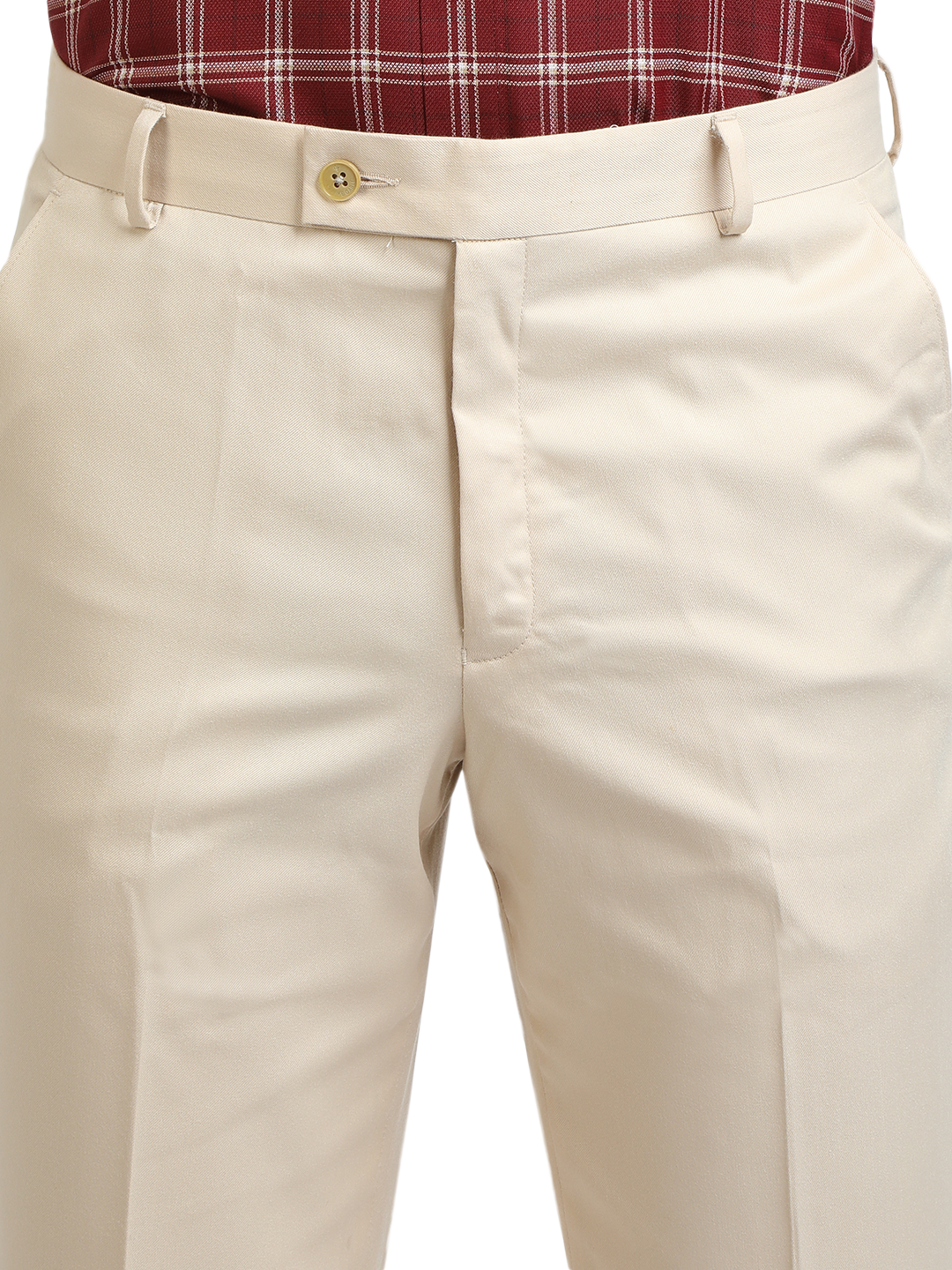 Model wearing Clarke Gable's Beige Sharp Fit Trousers in a casual setting