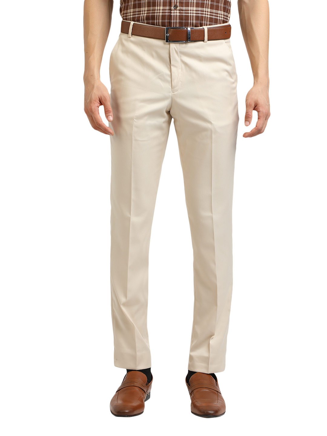 Model wearing Clarke Gable's Beige Smart Fit Trousers in a casual setting