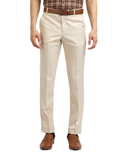 Model wearing Clarke Gable's Beige Smart Fit Trousers in a casual setting