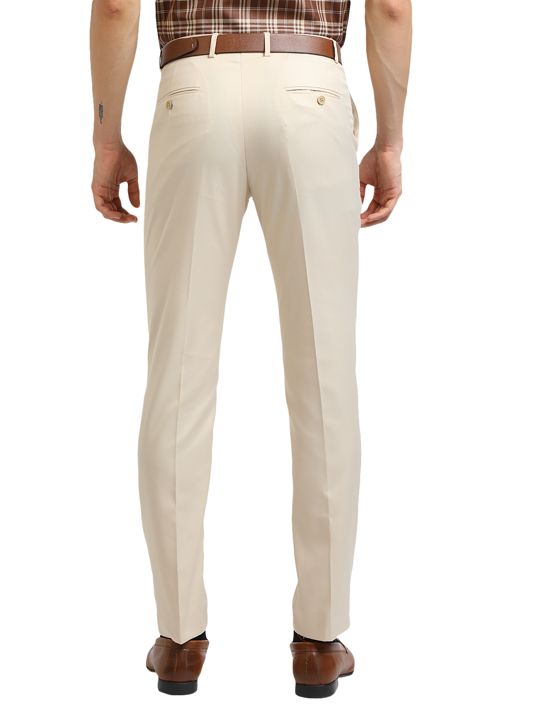 Model wearing Clarke Gable's Beige Smart Fit Trousers in a casual setting