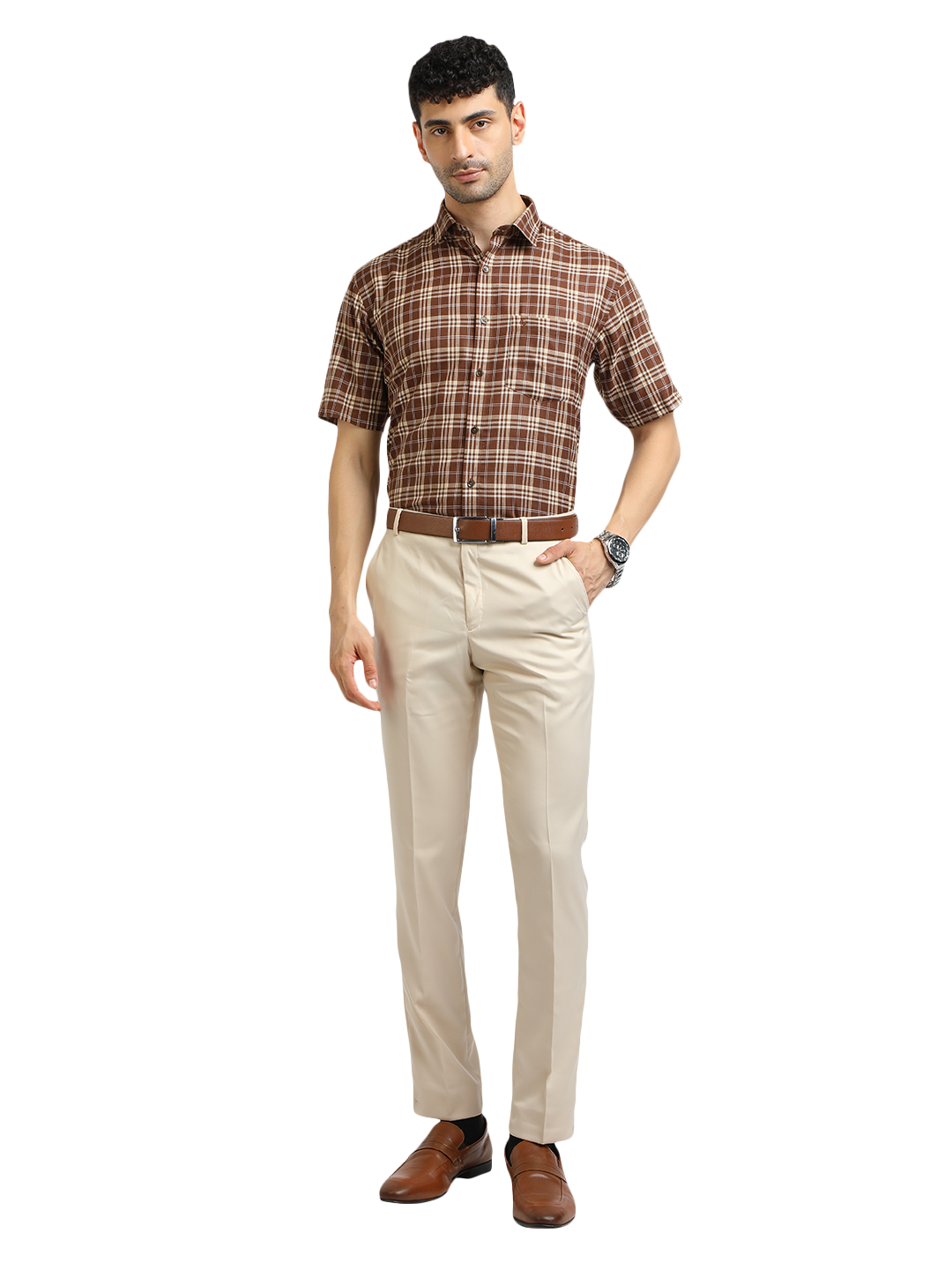 Model wearing Clarke Gable's Beige Smart Fit Trousers in a casual setting