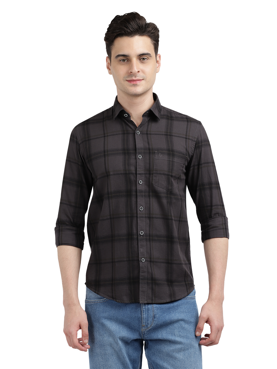 Model wearing Clarke Gable's Black Checked Casual Shirt in a casual setting