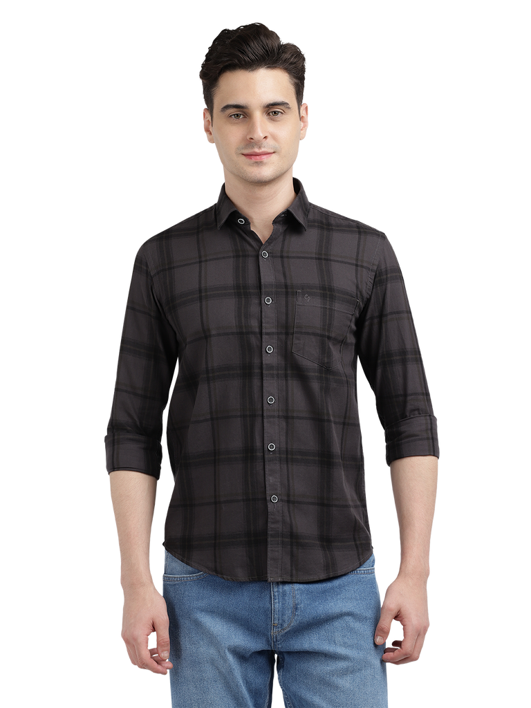 Model wearing Clarke Gable's Black Checked Casual Shirt in a casual setting