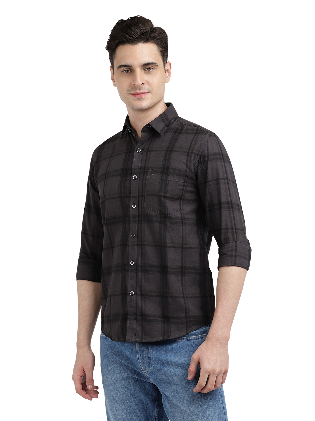Model wearing Clarke Gable's Black Checked Casual Shirt in a casual setting