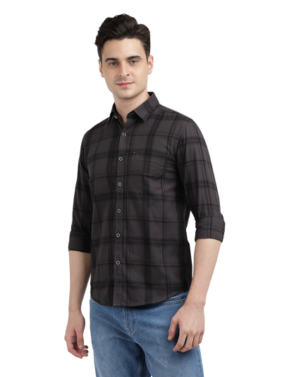 Model wearing Clarke Gable's Black Checked Casual Shirt in a casual setting