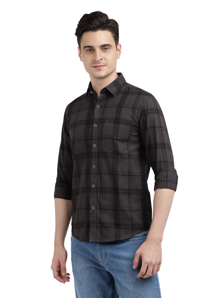 Model wearing Clarke Gable's Black Checked Casual Shirt in a casual setting