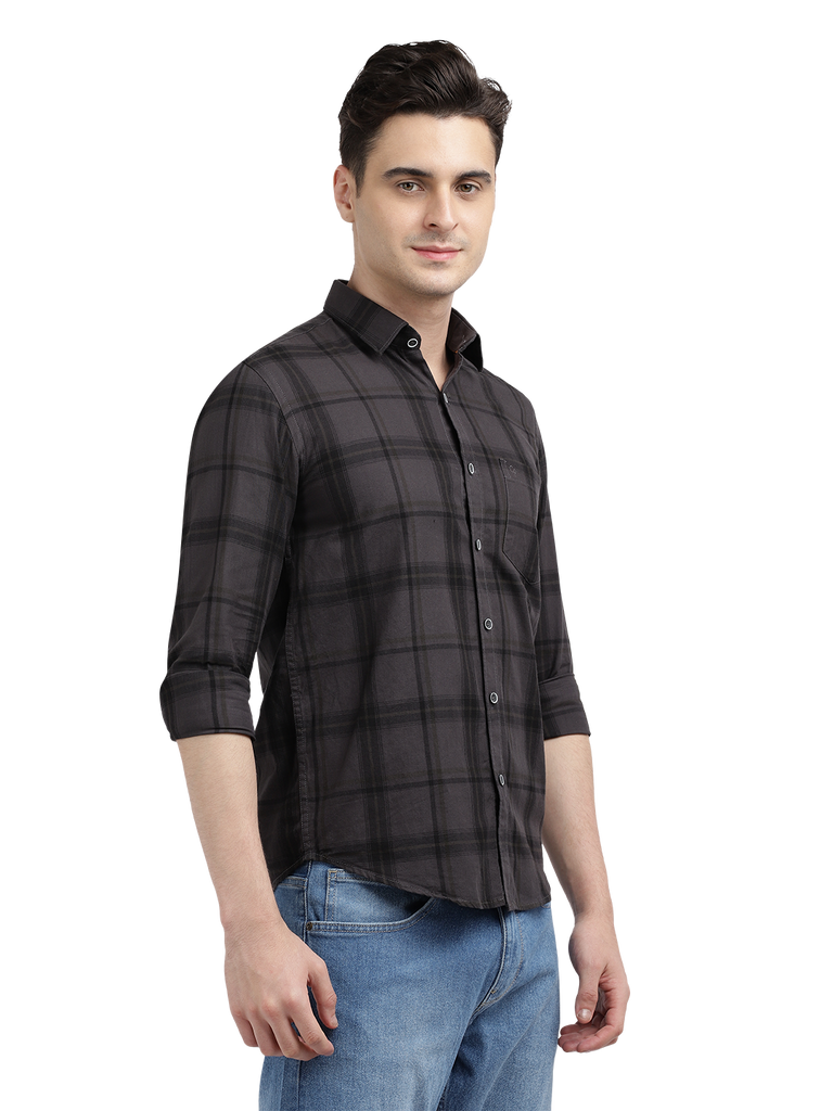 Model wearing Clarke Gable's Black Checked Casual Shirt in a casual setting