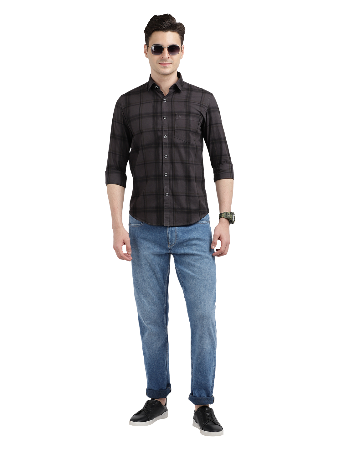 Model wearing Clarke Gable's Black Checked Casual Shirt in a casual setting