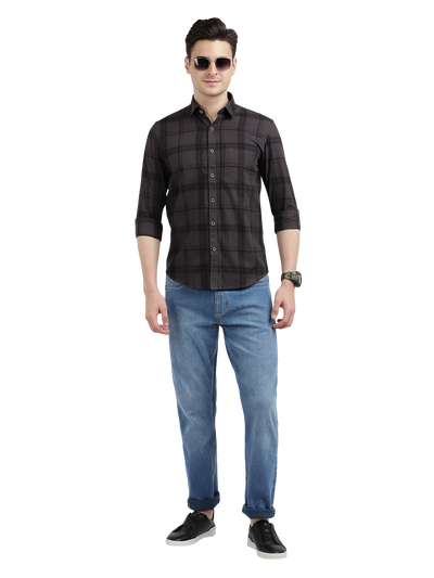 Model wearing Clarke Gable's Black Checked Casual Shirt in a casual setting
