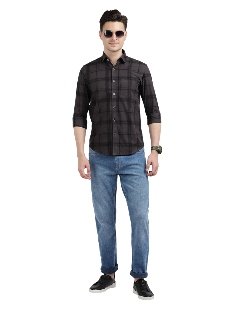 Model wearing Clarke Gable's Black Checked Casual Shirt in a casual setting