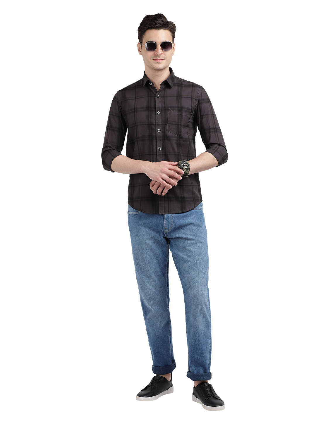 Model wearing Clarke Gable's Black Checked Casual Shirt in a casual setting