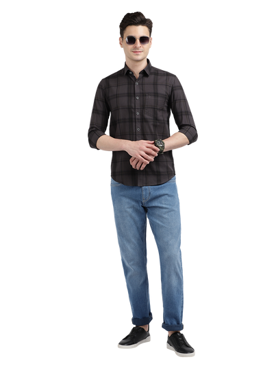 Model wearing Clarke Gable's Black Checked Casual Shirt in a casual setting