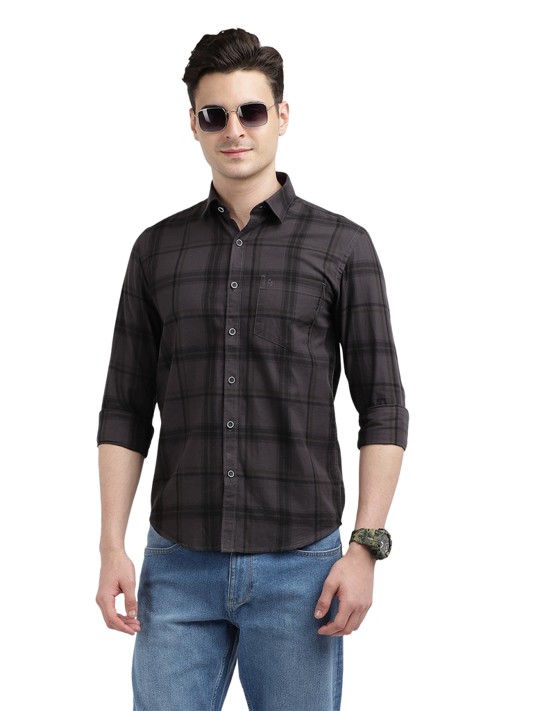 Model wearing Clarke Gable's Black Checked Casual Shirt in a casual setting