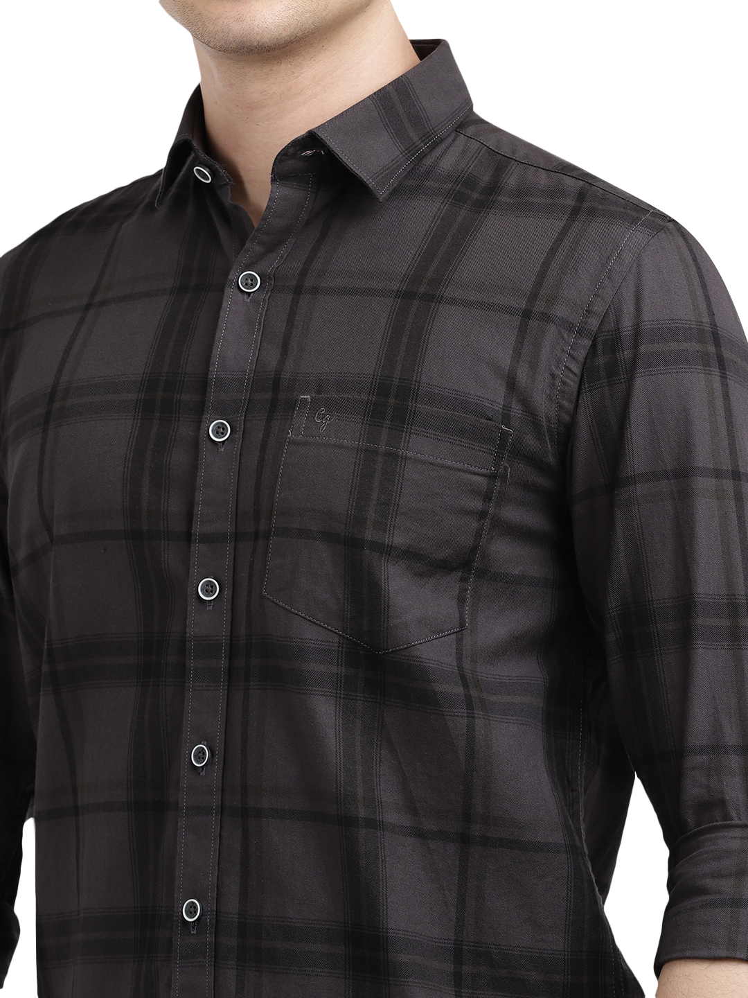 Model wearing Clarke Gable's Black Checked Casual Shirt in a casual setting