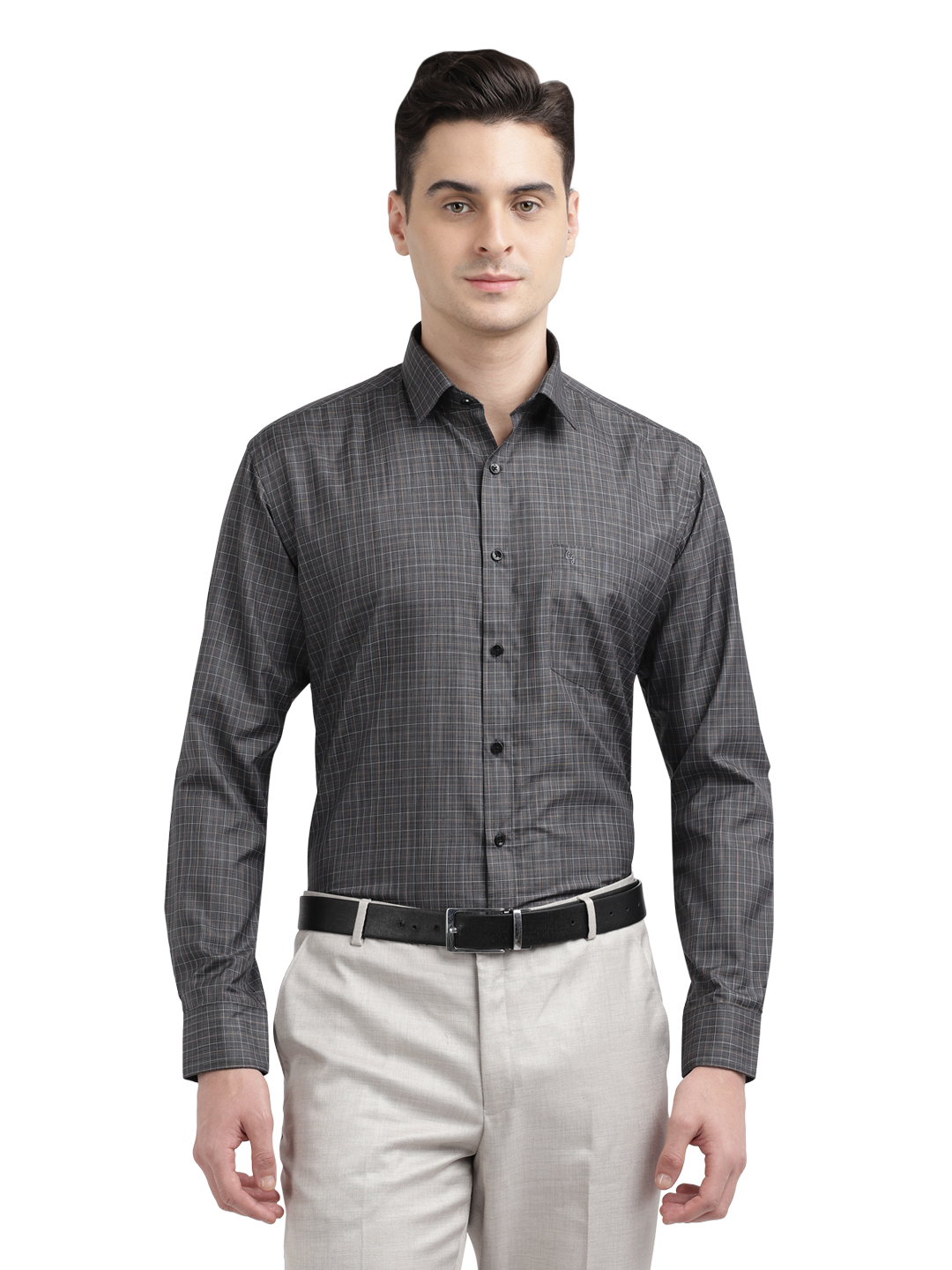 Model wearing Clarke Gable's Black Checked Formal Shirt in a casual setting