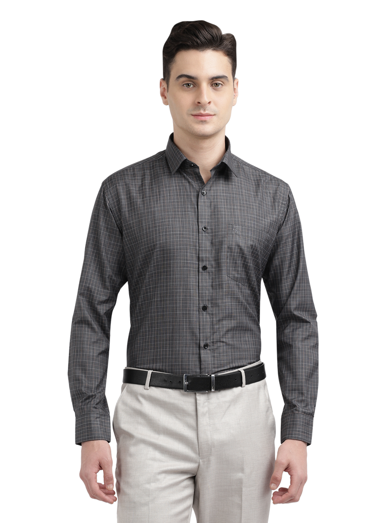 Model wearing Clarke Gable's Black Checked Formal Shirt in a casual setting