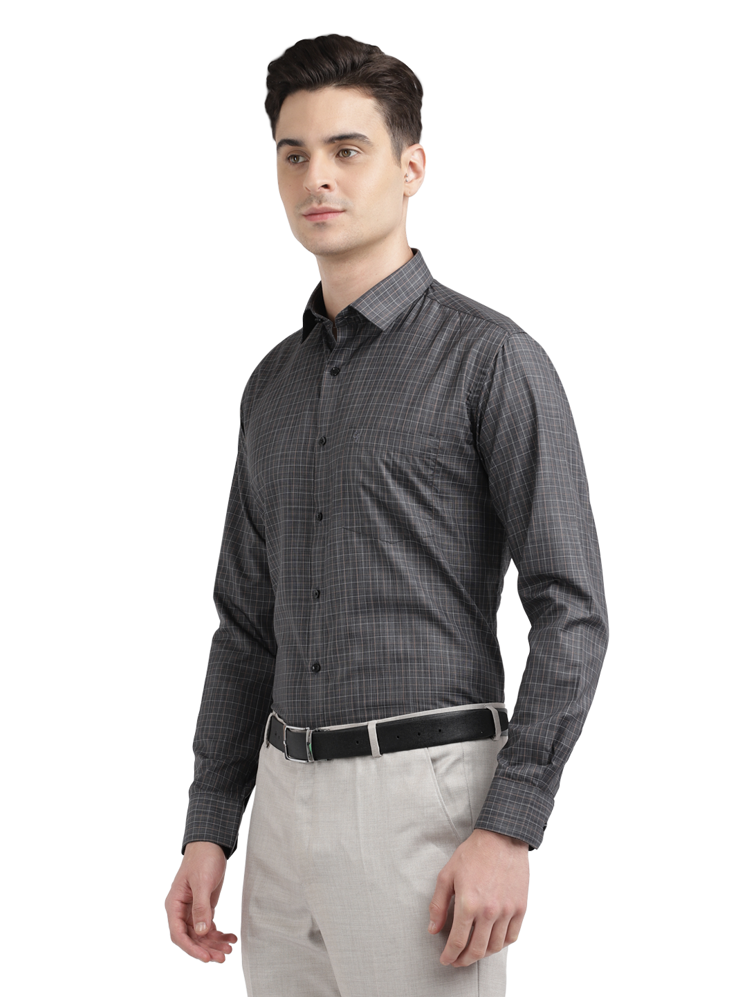Model wearing Clarke Gable's Black Checked Formal Shirt in a casual setting