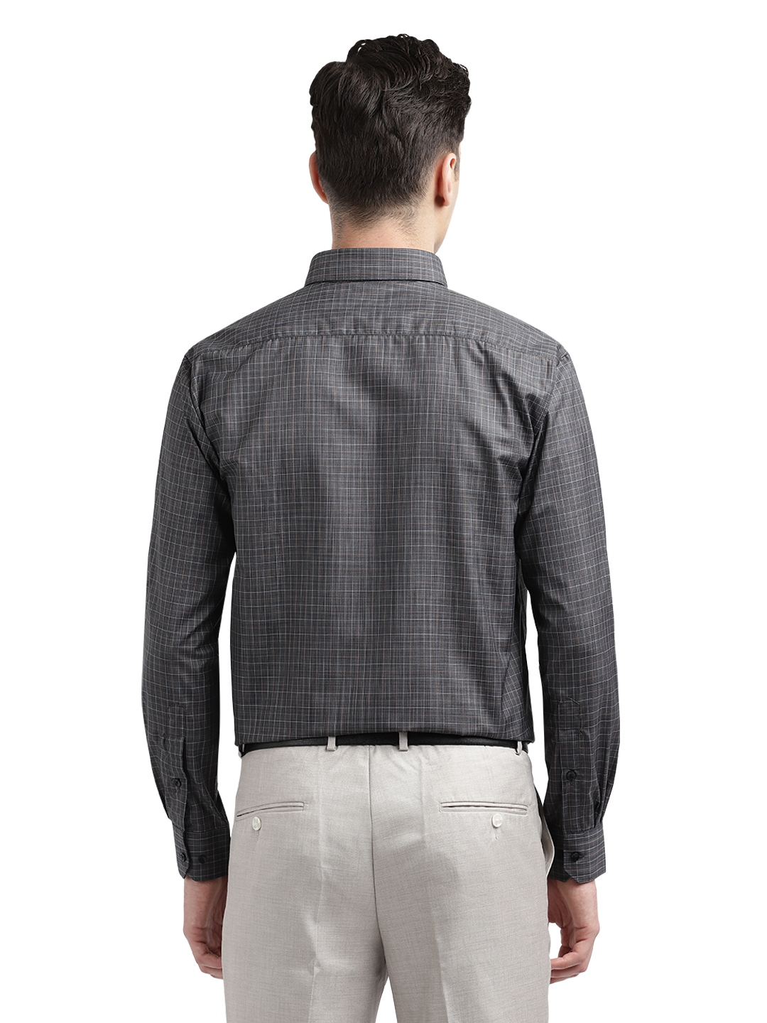 Model wearing Clarke Gable's Black Checked Formal Shirt in a casual setting