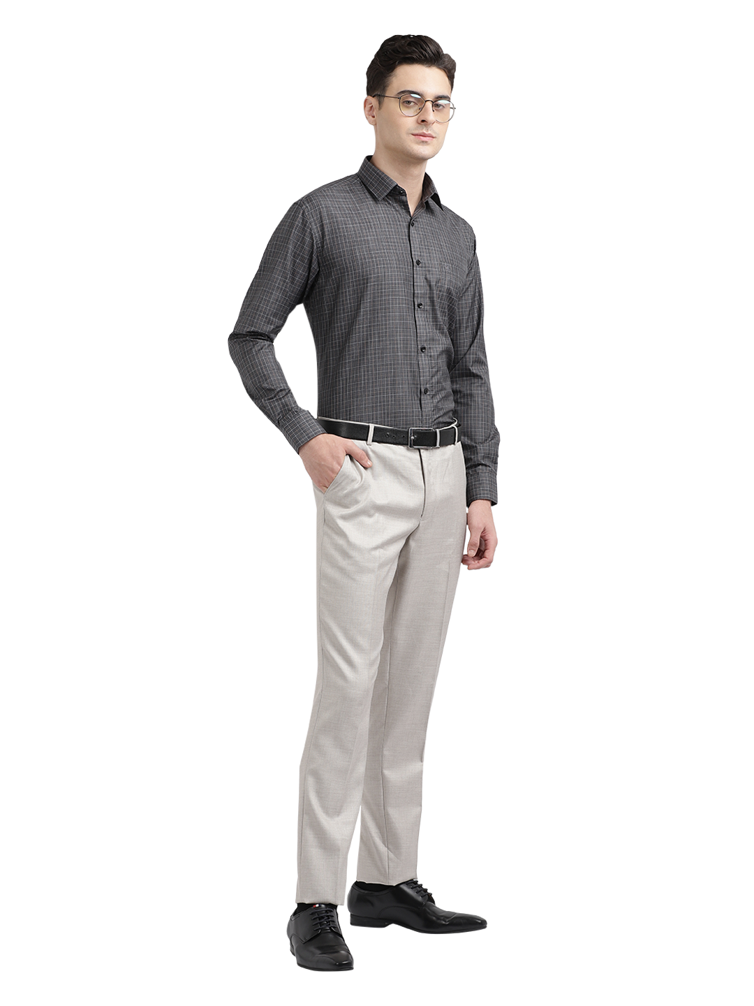 Model wearing Clarke Gable's Black Checked Formal Shirt in a casual setting