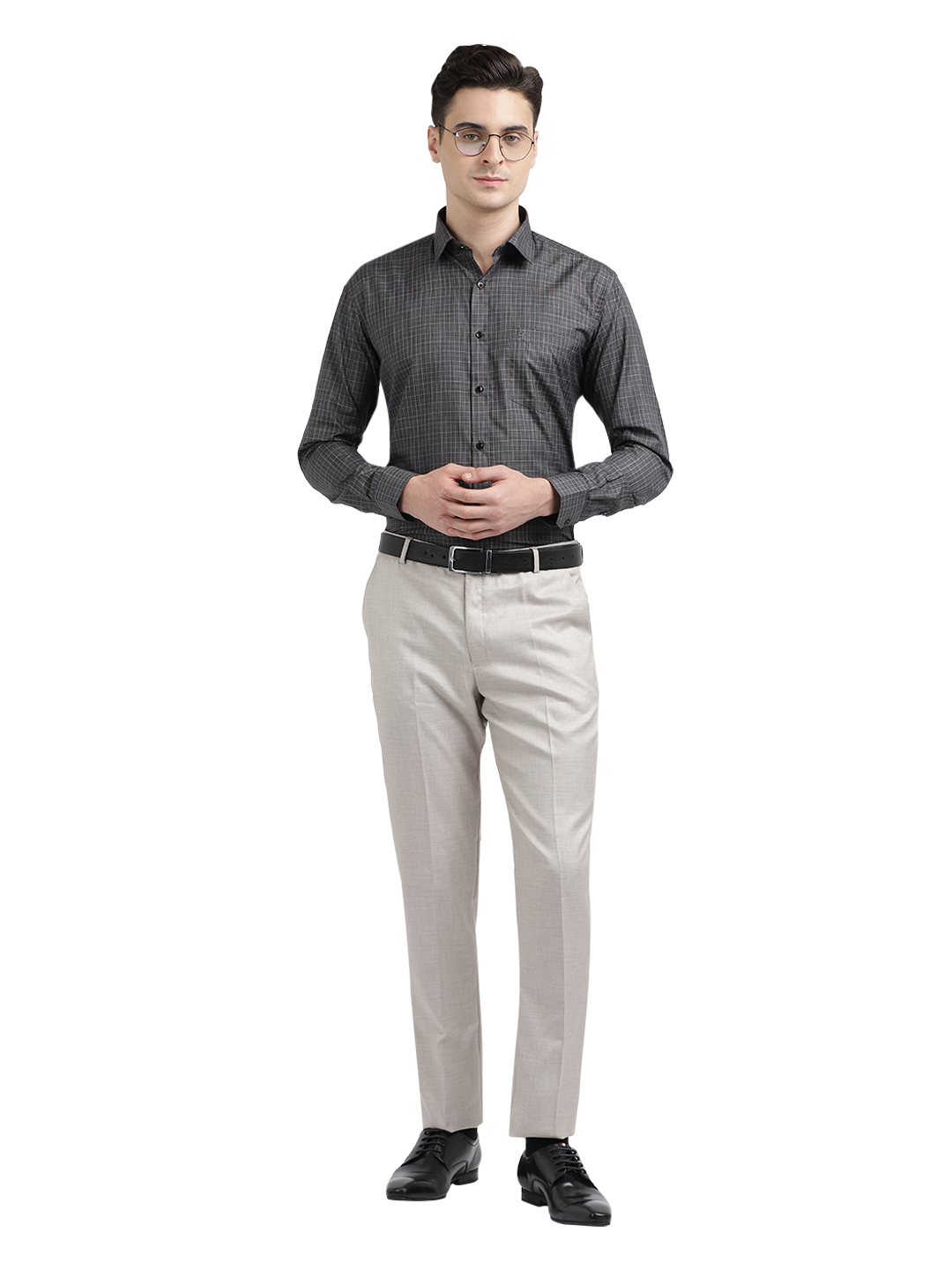 Model wearing Clarke Gable's Black Checked Formal Shirt in a casual setting