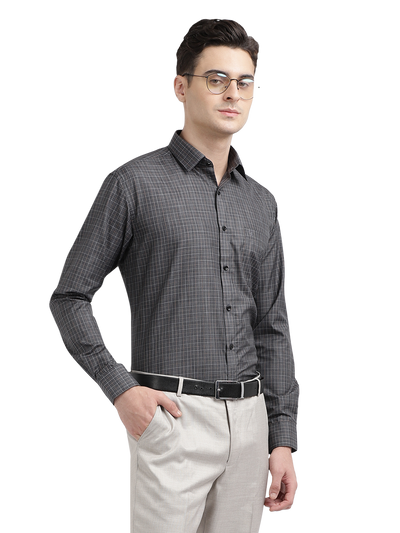 Model wearing Clarke Gable's Black Checked Formal Shirt in a casual setting