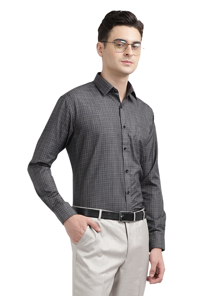 Model wearing Clarke Gable's Black Checked Formal Shirt in a casual setting