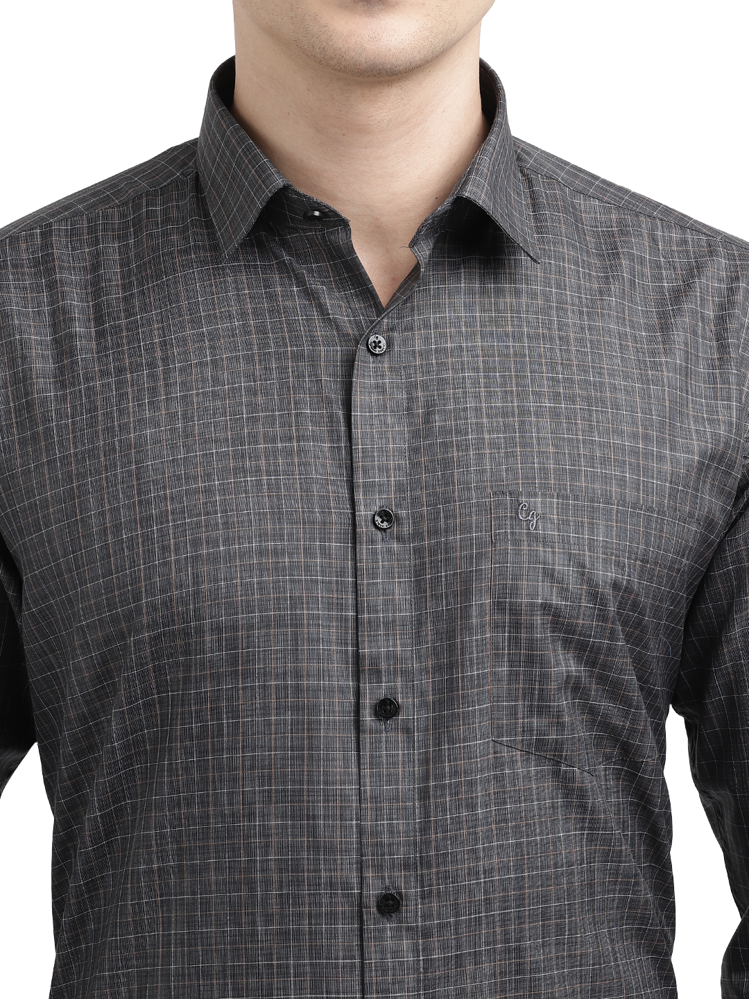 Model wearing Clarke Gable's Black Checked Formal Shirt in a casual setting