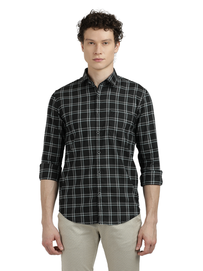 Model wearing Clarke Gable's Black Checked Semi Casual Shirt in a casual setting