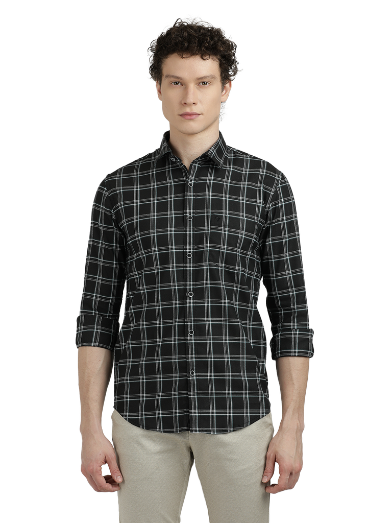 Model wearing Clarke Gable's Black Checked Semi Casual Shirt in a casual setting