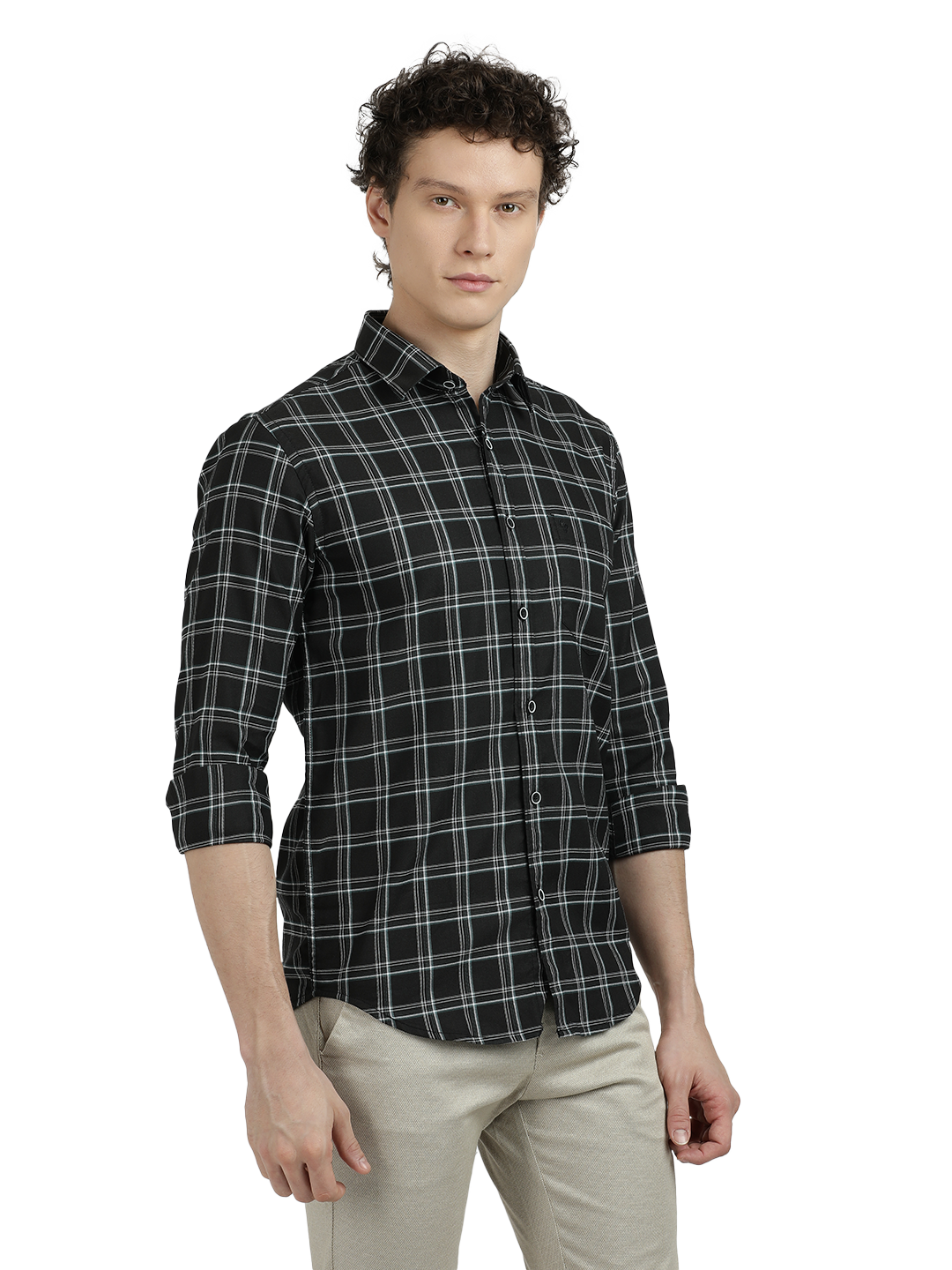 Model wearing Clarke Gable's Black Checked Semi Casual Shirt in a casual setting