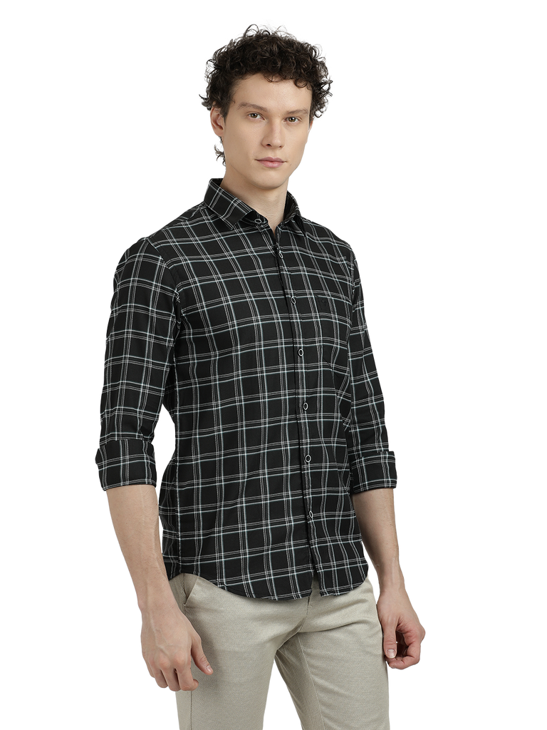 Model wearing Clarke Gable's Black Checked Semi Casual Shirt in a casual setting