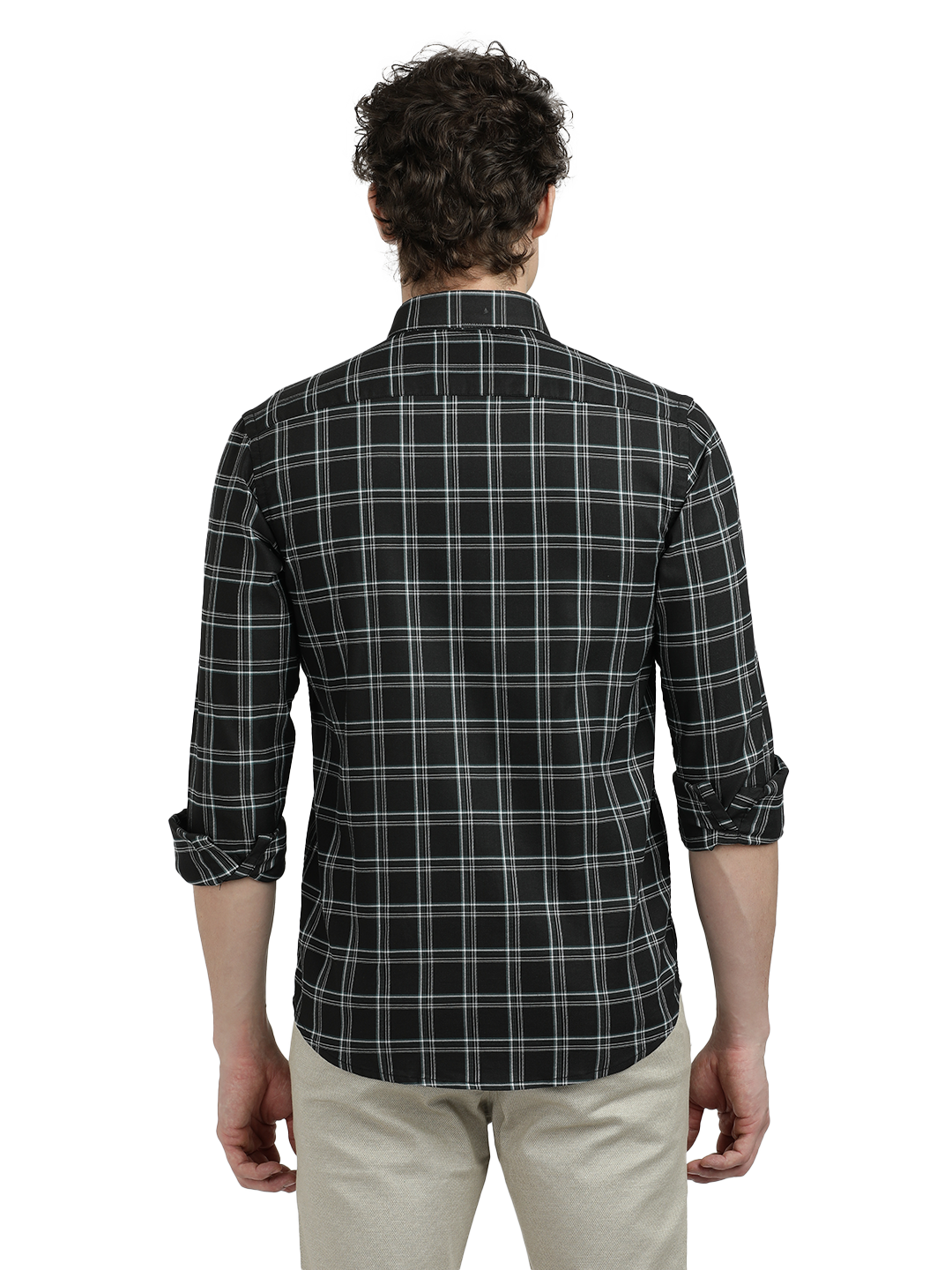 Model wearing Clarke Gable's Black Checked Semi Casual Shirt in a casual setting