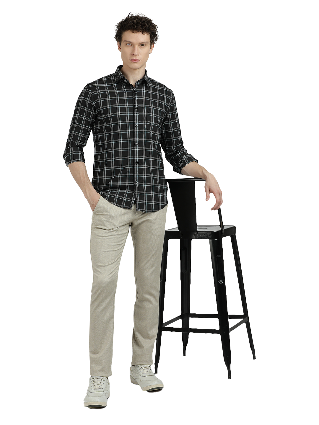 Model wearing Clarke Gable's Black Checked Semi Casual Shirt in a casual setting