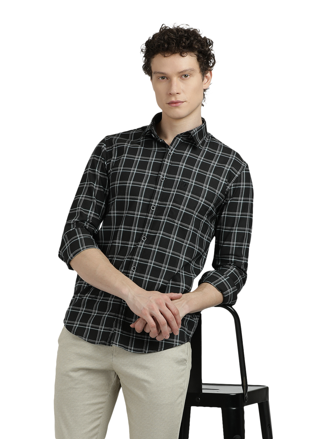 Model wearing Clarke Gable's Black Checked Semi Casual Shirt in a casual setting