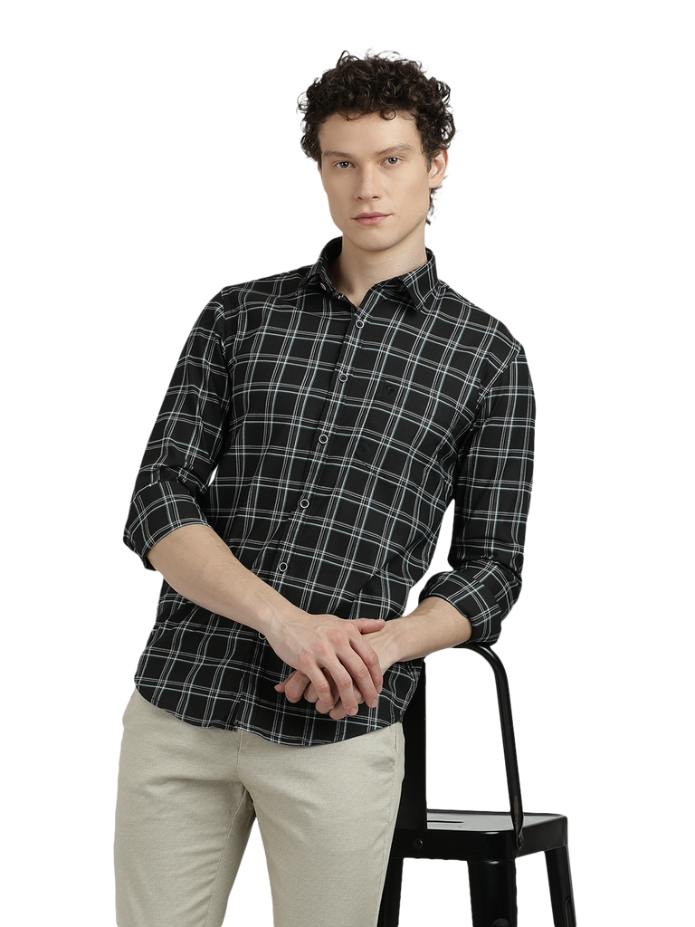 Model wearing Clarke Gable's Black Checked Semi Casual Shirt in a casual setting