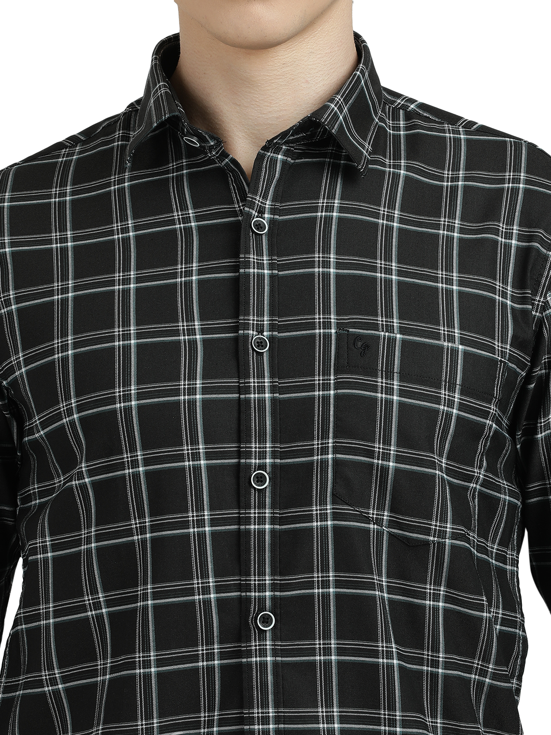 Model wearing Clarke Gable's Black Checked Semi Casual Shirt in a casual setting