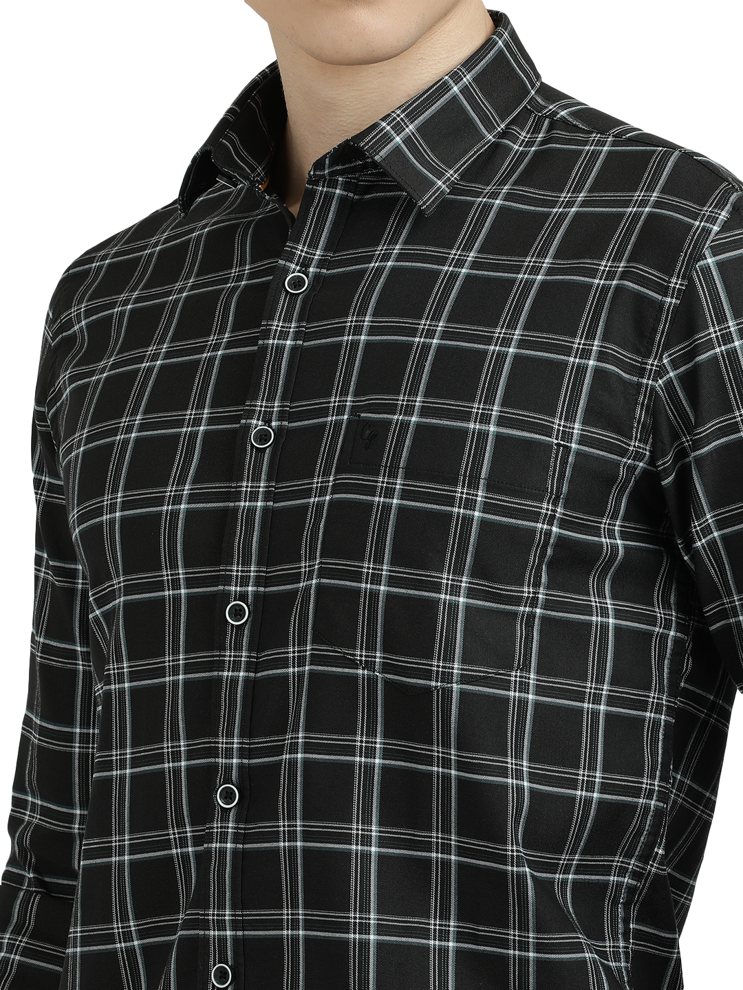 Model wearing Clarke Gable's Black Checked Semi Casual Shirt in a casual setting