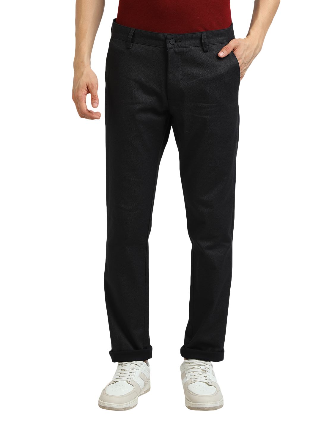 Model wearing Clarke Gable's Black Custom Fit Trousers in a casual setting