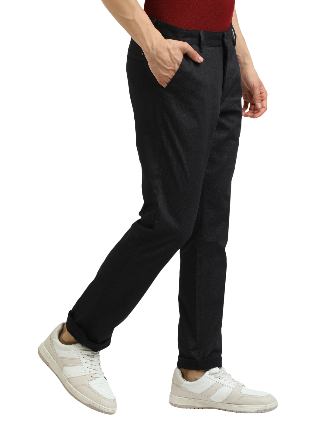 Model wearing Clarke Gable's Black Custom Fit Trousers in a casual setting