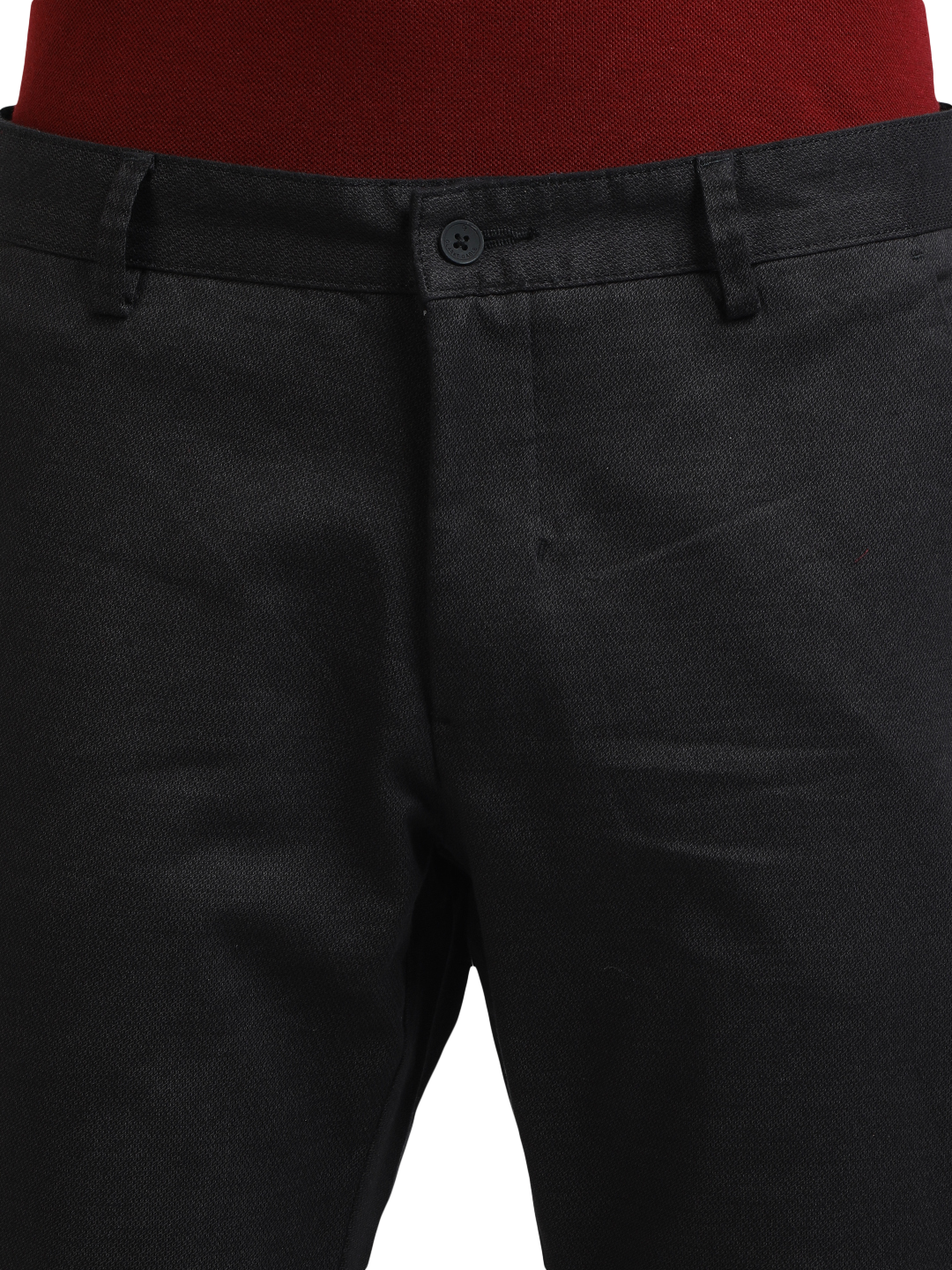 Model wearing Clarke Gable's Black Custom Fit Trousers in a casual setting