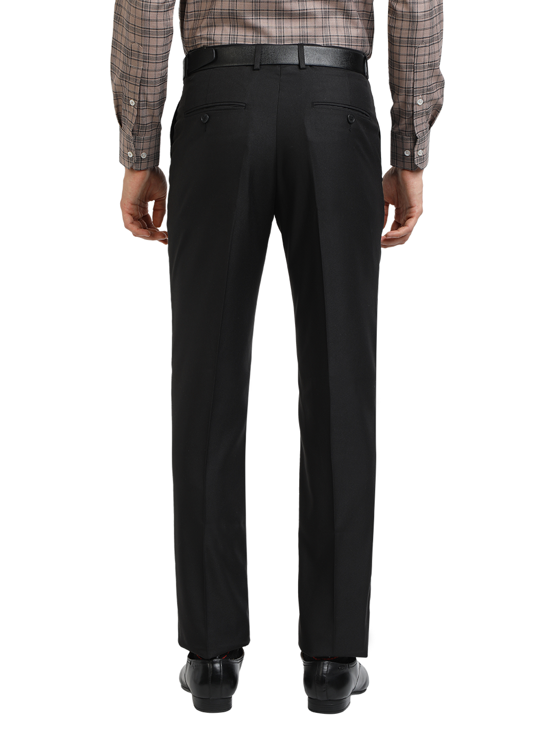 Model wearing Clarke Gable's Black Sharp Fit Trousers in a casual setting