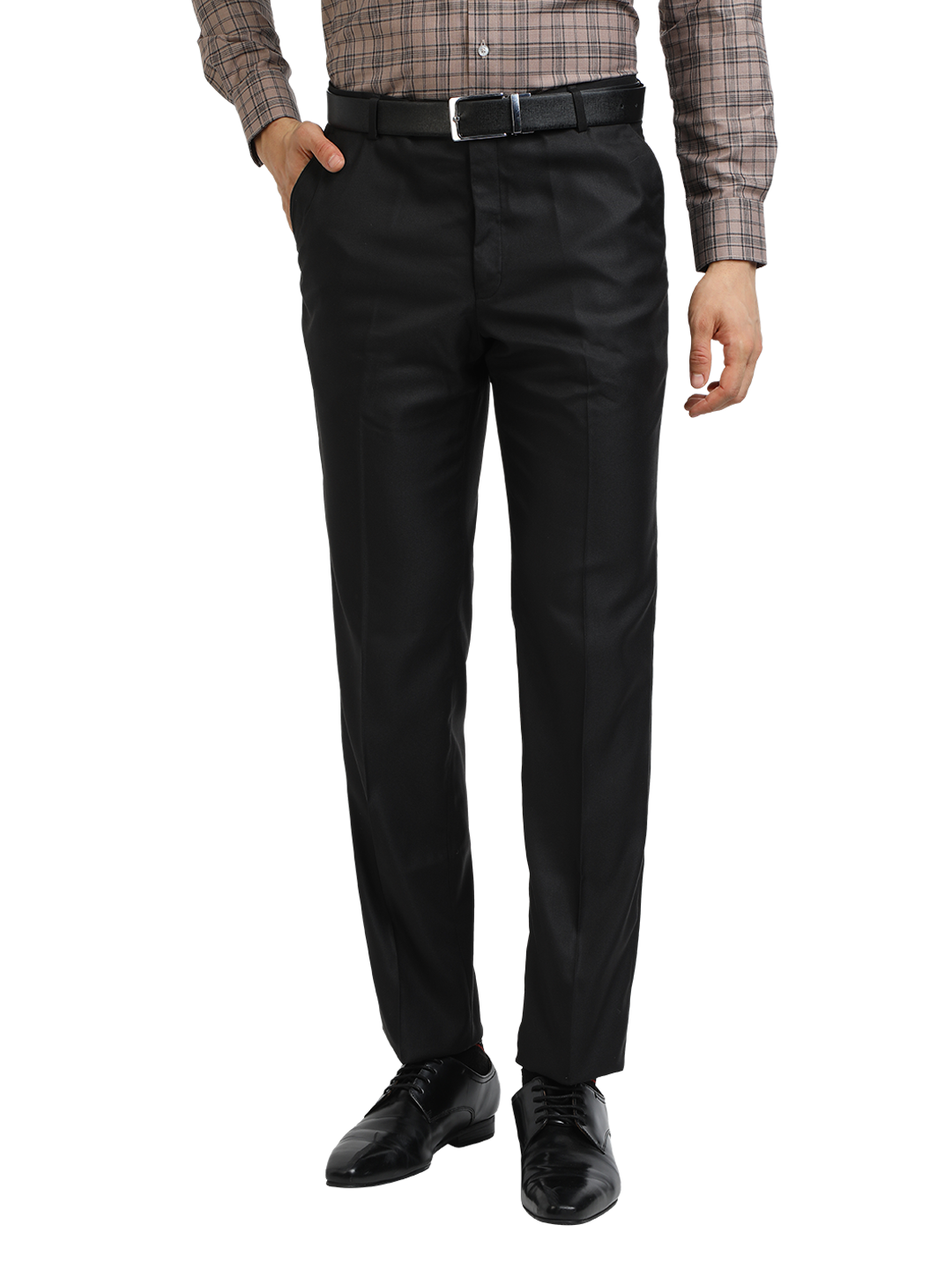 Model wearing Clarke Gable's Black Sharp Fit Trousers in a casual setting