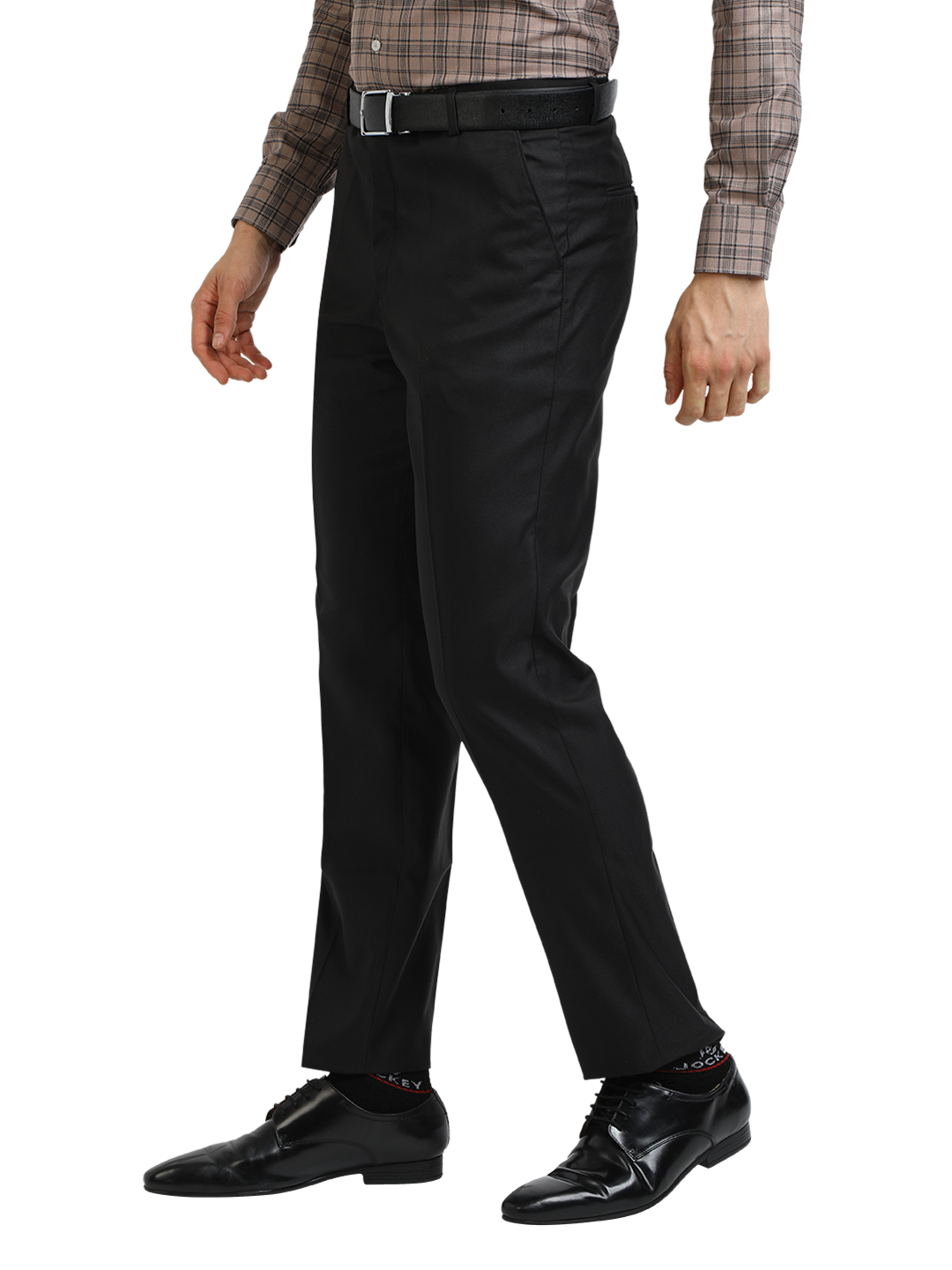 Model wearing Clarke Gable's Black Sharp Fit Trousers in a casual setting